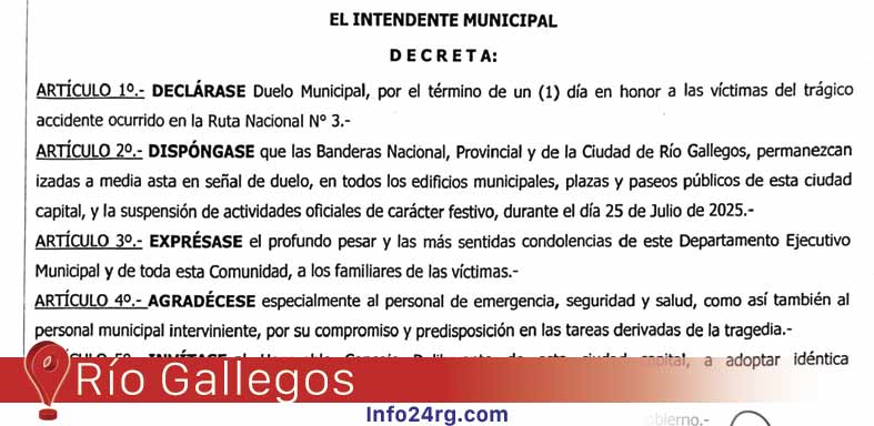 Pablo Grasso decretó duelo en Río Gallegos